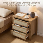 XIAO WEI 23.6“W 3 Drawer Set of 2 Rattan Nightstand with Charging Station, Boho Bedside Table, Tall End Table for Bedroom, Wood Accent Bed Side Table with Storage, Reclaimed Light Oak