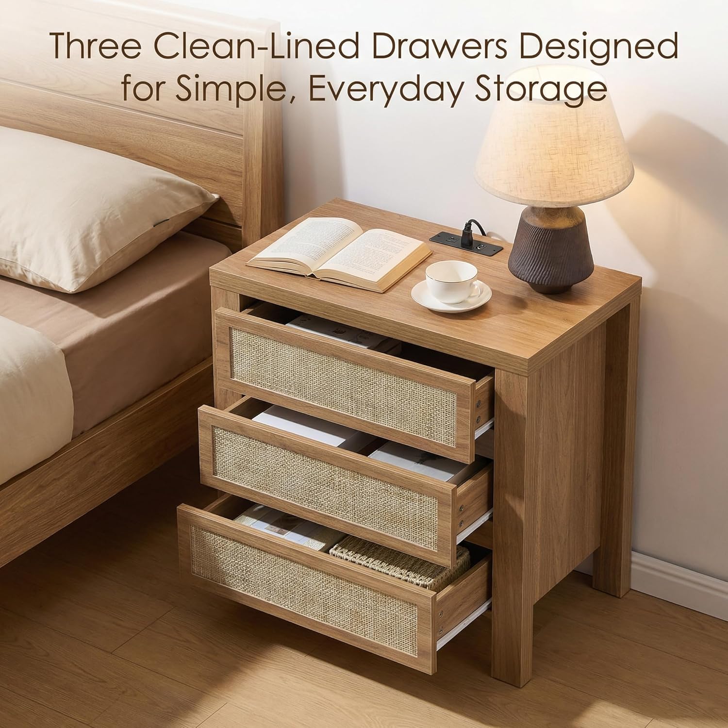 XIAO WEI 23.6“W 3 Drawer Set of 2 Rattan Nightstand with Charging Station, Boho Bedside Table, Tall End Table for Bedroom, Wood Accent Bed Side Table with Storage, Reclaimed Light Oak