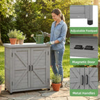 Potting Bench with Storage Cabinet and Metal Table Top for Outdoor Patio, Garden Furniture Wood Workstation (Grey, 31x17x36‘’)