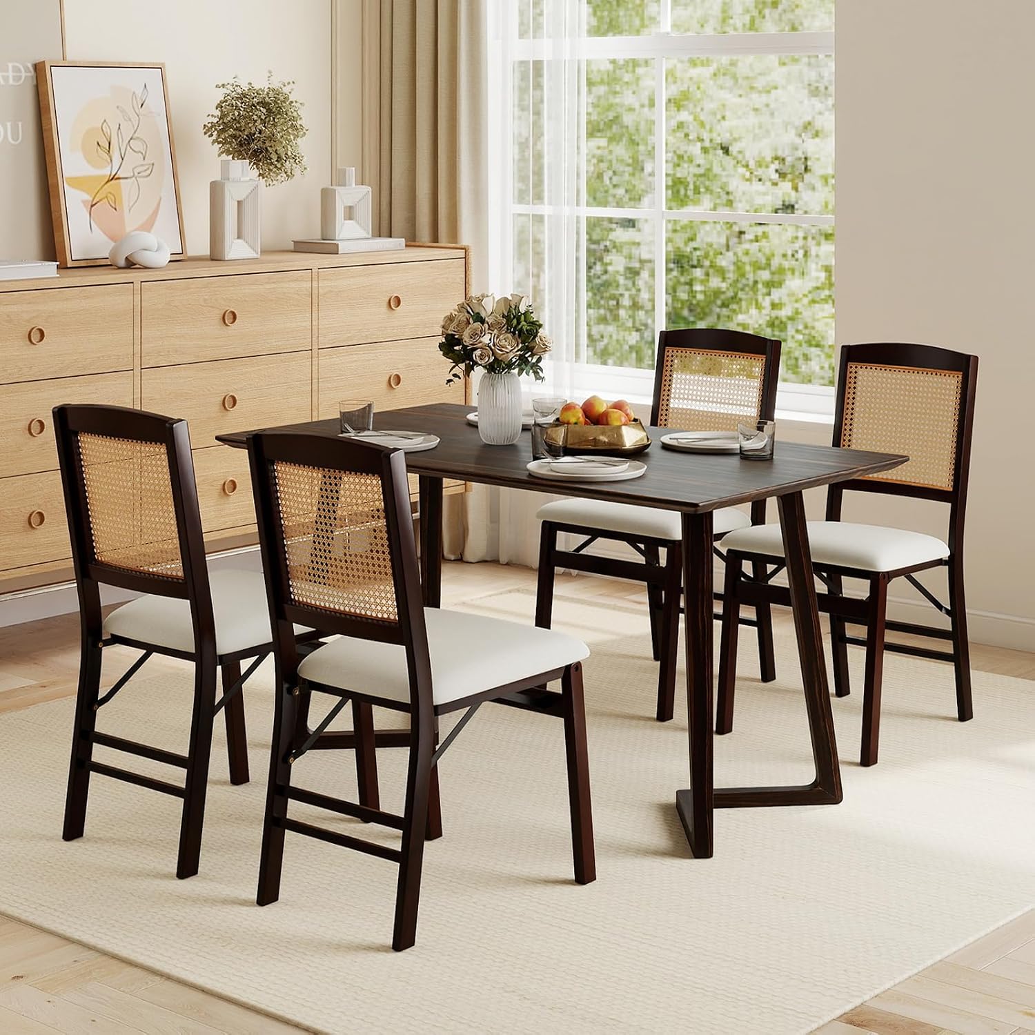HAPPYGRILL Folding Dining Chairs Set of 2, Wood Kitchen Chair with Rattan Backrest & Padded Seat, Foldable Armless Side Chairs Set for Dining Room, Living Room, No Assembly (2, Espresso & Beige)