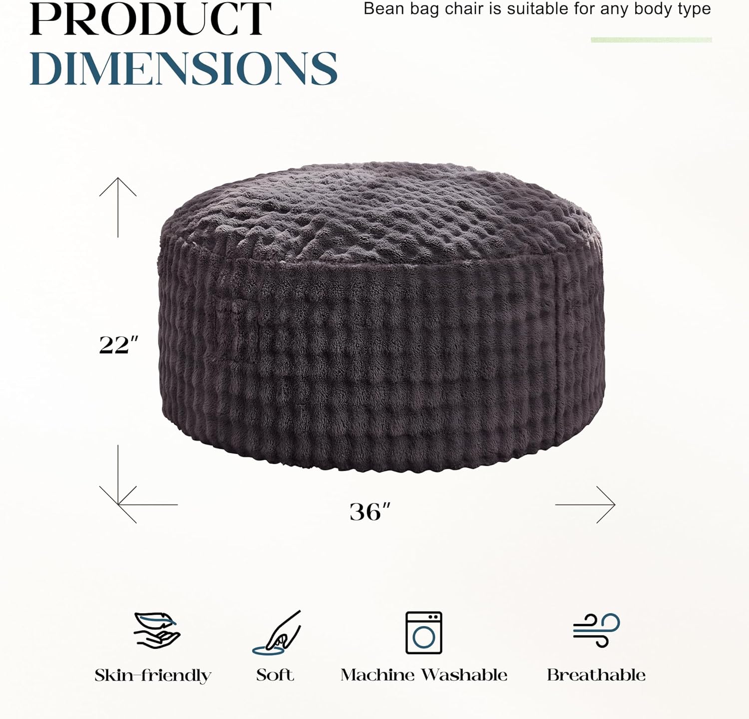 Hobestluk Bean Bag Chairs Beanbag Chair with Filler Adult Bean Bags with Fluffy & Machine Washable Cover, Giant Bean Bag Chairs for Aduts (Dark Grey, 3FT-36" x 36" x 22")