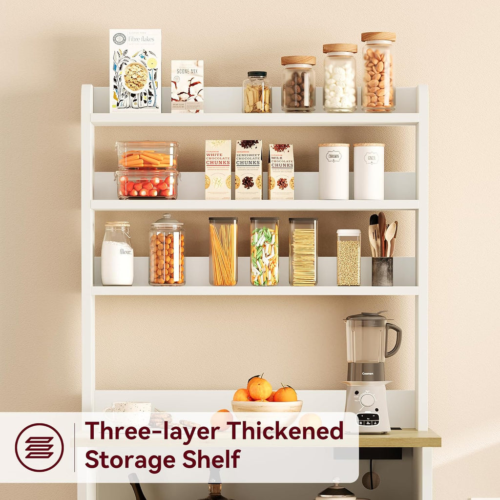IDEALHOUSE Bakers Rack with Storage Cabinet, Microwave Stand with Power Outlets, Farmhouse Bakers Rack with Thick Table Top, Small Kitchen Bakers Rack for Kitchen,Dining Room,White & Peer Wood