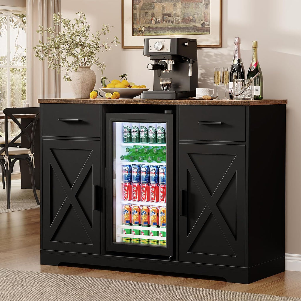 Large Coffee Bar Cabinet with Fridge (Fridge Included), 47'' Farmhouse Bar Cabinet with Wine Storage, Buffet Sideboard Table Station with 2 Drawers & Large Countertop for Home, Black