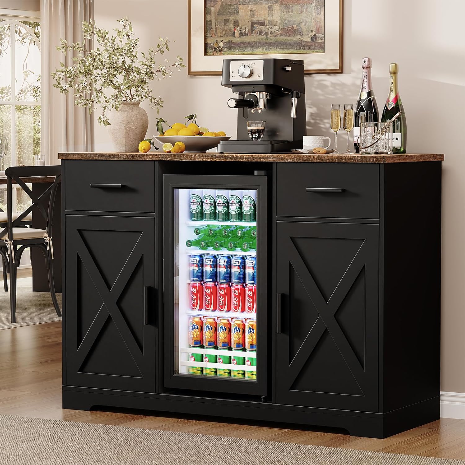 Large Coffee Bar Cabinet with Fridge (Fridge Included), 47'' Farmhouse Bar Cabinet with Wine Storage, Buffet Sideboard Table Station with 2 Drawers & Large Countertop for Home, Black