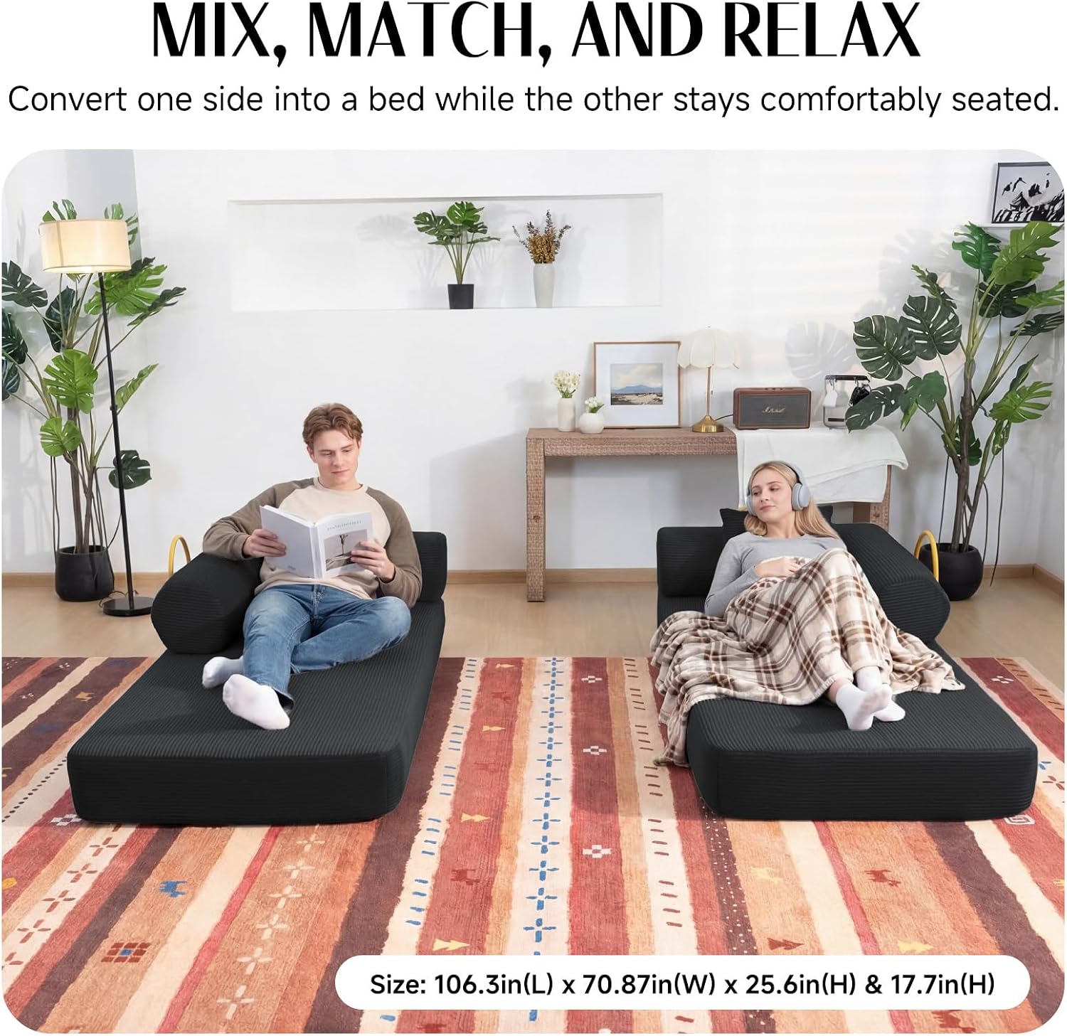 79" Corduroy Sofa Bed, Boneless Couch in a Box with 2 Pillows, High-Density Foam 4-in-1 Foldable Sleeper Futon Loveseat for Small Spaces, No Assembly, Side Pockets, Hex Arm Black