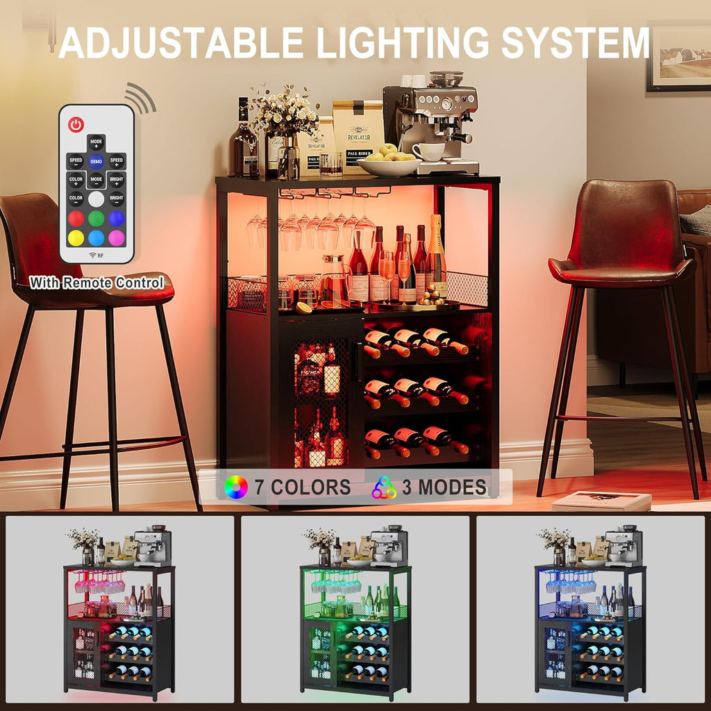 IDEALHOUSE Wine Bar Rack Cabinet with LED Light, Adjustable Shelves Coffee Bar Cabinet with Mesh Door and Baffle Design, 36 in Tall Small Liquor Bar Cabinet for Home, Kitchen, Dinning Room, Black