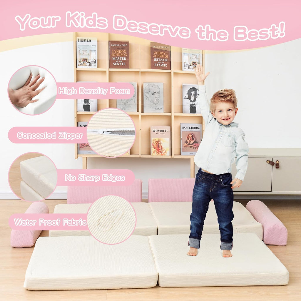 Modular Kids Play Couch, 5 Second Quick Bounce High Density Foam, Corduroy Fabric, Kids Sofa That Inspires Toddler Creativity for Playroom Bedroom Living Rooms Toddler Sofa -Pink and Beige