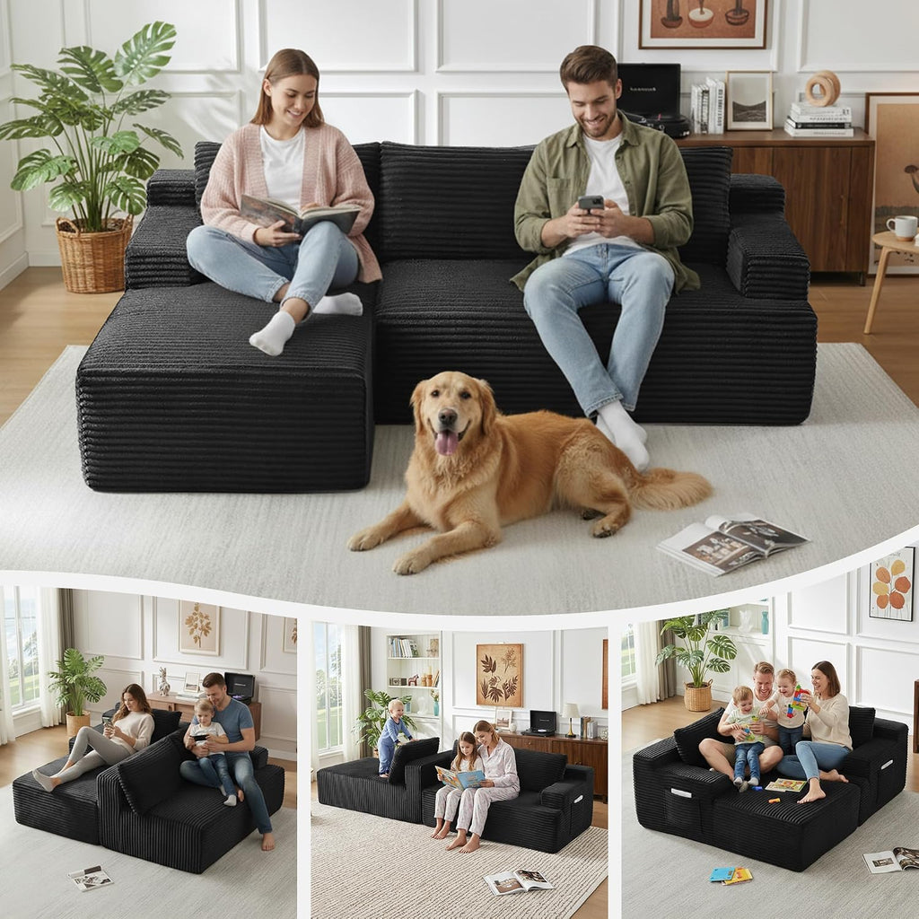 Modular Sectional Sofa Couches, 96" L-Shaped Cloud Boneless Couch with Left Chaise Lounge & Side Pockets for Living Room | No Assembly Required | Corduroy Fabric, Black