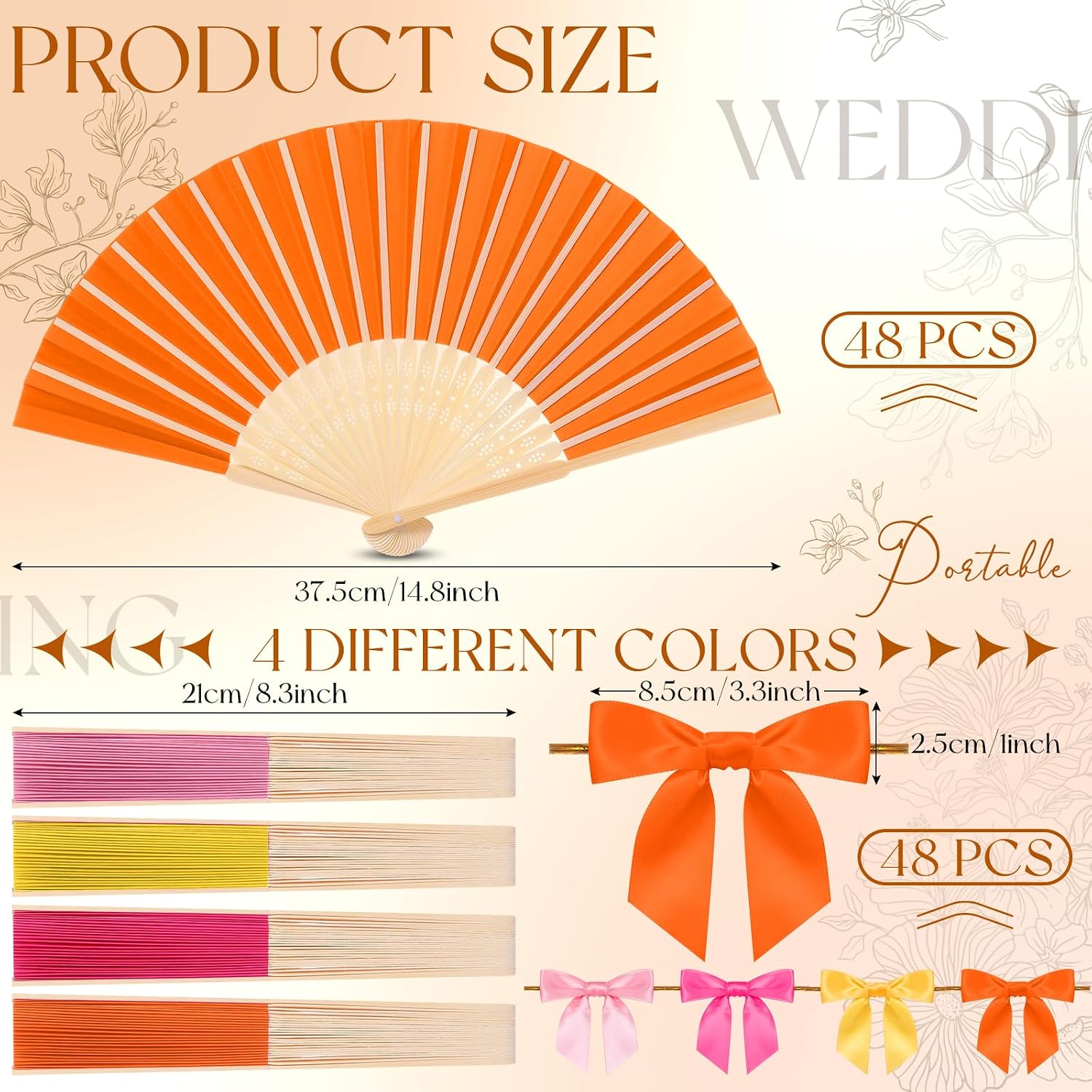 Beeveer 48 Pcs Paper Folding Hand Fans Bulk, 8.3 Inch Handheld Bamboo Multicolored Paper Fans with 3.3 Inch Premade Twist Tie Bows for Wedding Party Favors Bridal Shower Gift DIY Decor (Bright Colors)