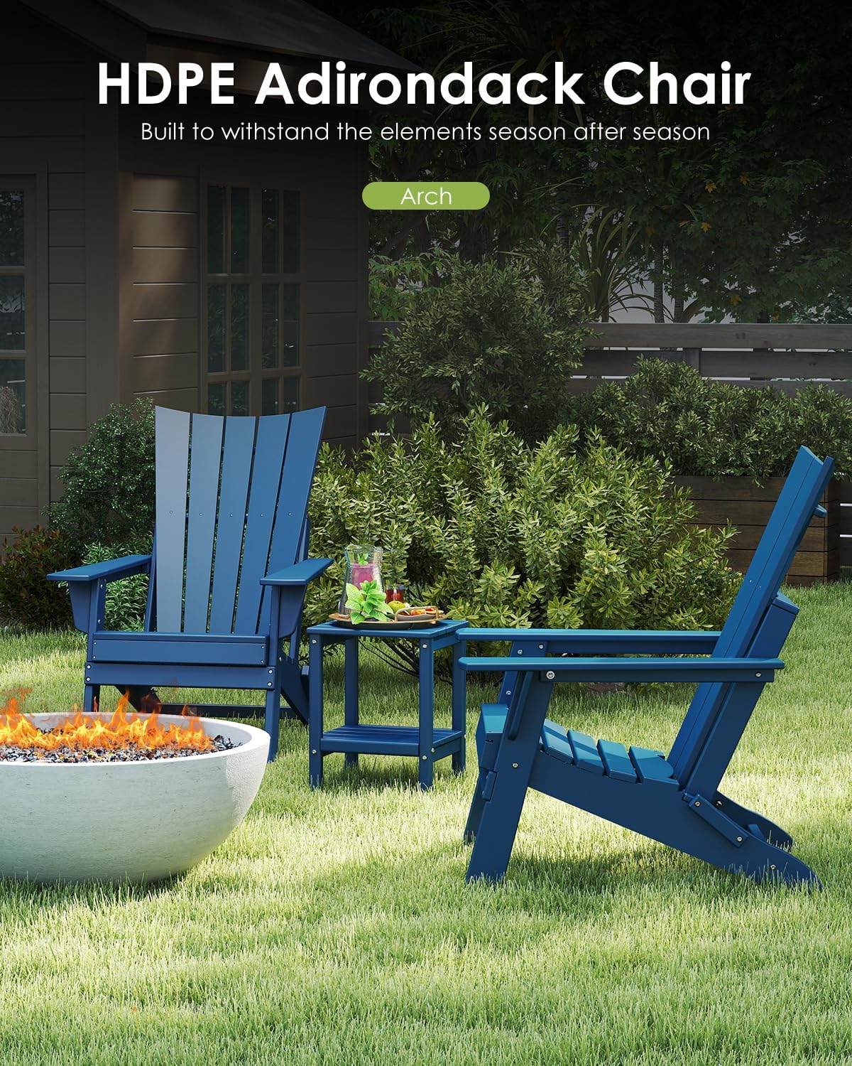 GREENVINES Folding-Adirondack-Chairs-Set-of-2 | HDPE Plastic | Arch Series | Fire Pit Chair | All Weather | for Outdoor Patio Deck Backyard Poolside | Blue