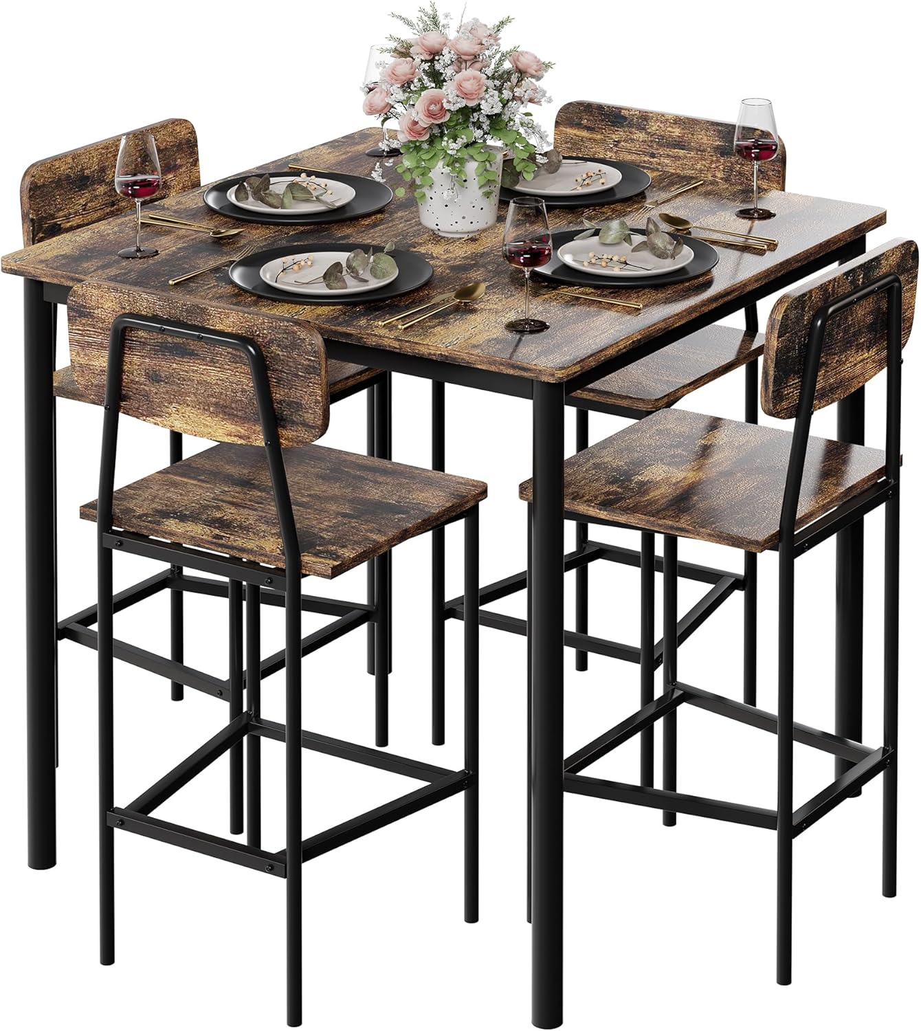 Kitchen Table and Chairs of 4, 5 Piece Dining Table Set, Sturdy Industrial Space Saving Dinette Set for Pub, Family Dinners, Apartment, Rustic Brown