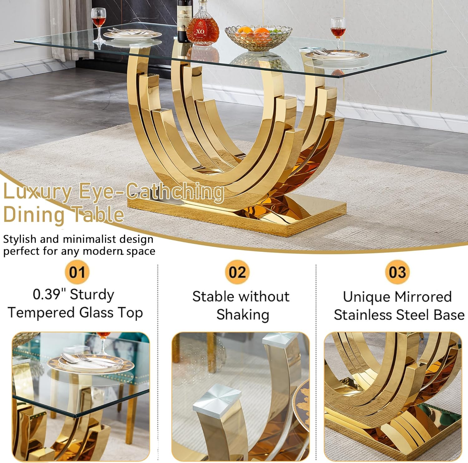 70inch Luxury Dining Table for 4 6, Modern Glass Kitchen Dining Room Table with Gold Mirrored Steel Base,Large Rectangle Tempered Glass Top Dinner Tables for Kitchen, Dining Room