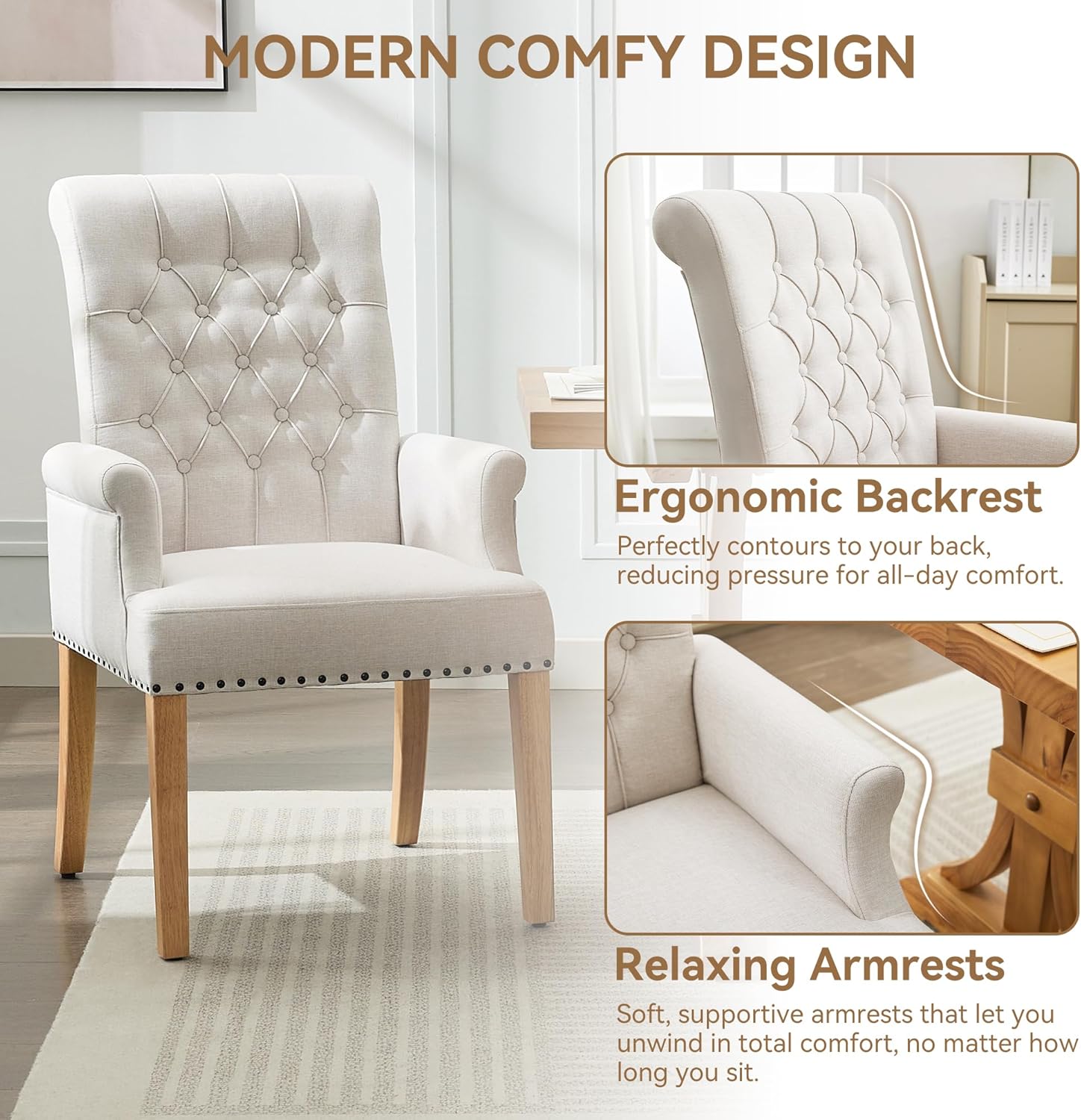 WUTUTUEE Fabric Dining Chair with Arms, Upholstered Tufted High Back Dining Room Chairs, Accent Armchair with Solid Wood Leg and Nailhead Trim, Kitchen Dining Living Room, Beige