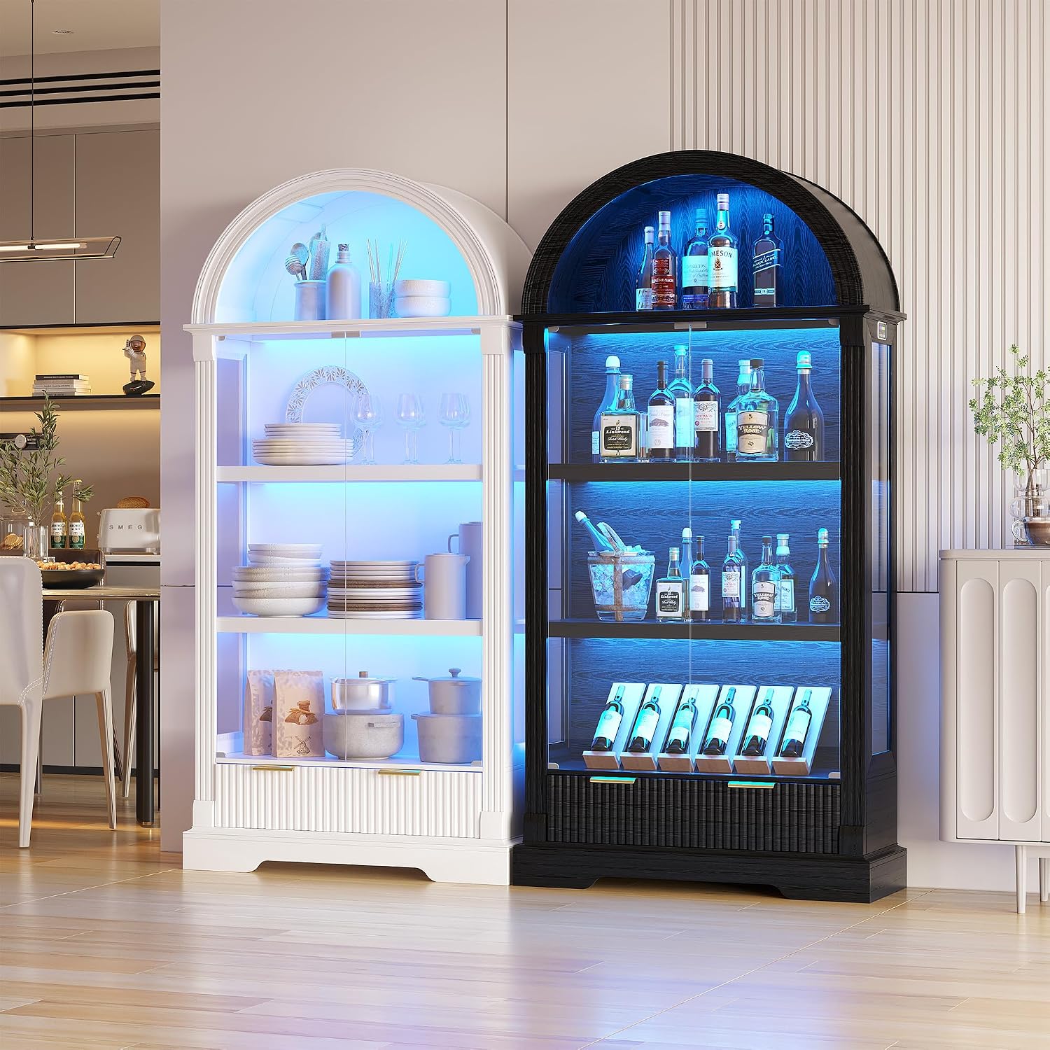 Dystler Curio Cabinet with RGB Lights, 72" Tall Arched Display Cabinet with Glass Doors, 4-Tier Large Shelf Display Case for Collectibles Bookcase Living Room, White