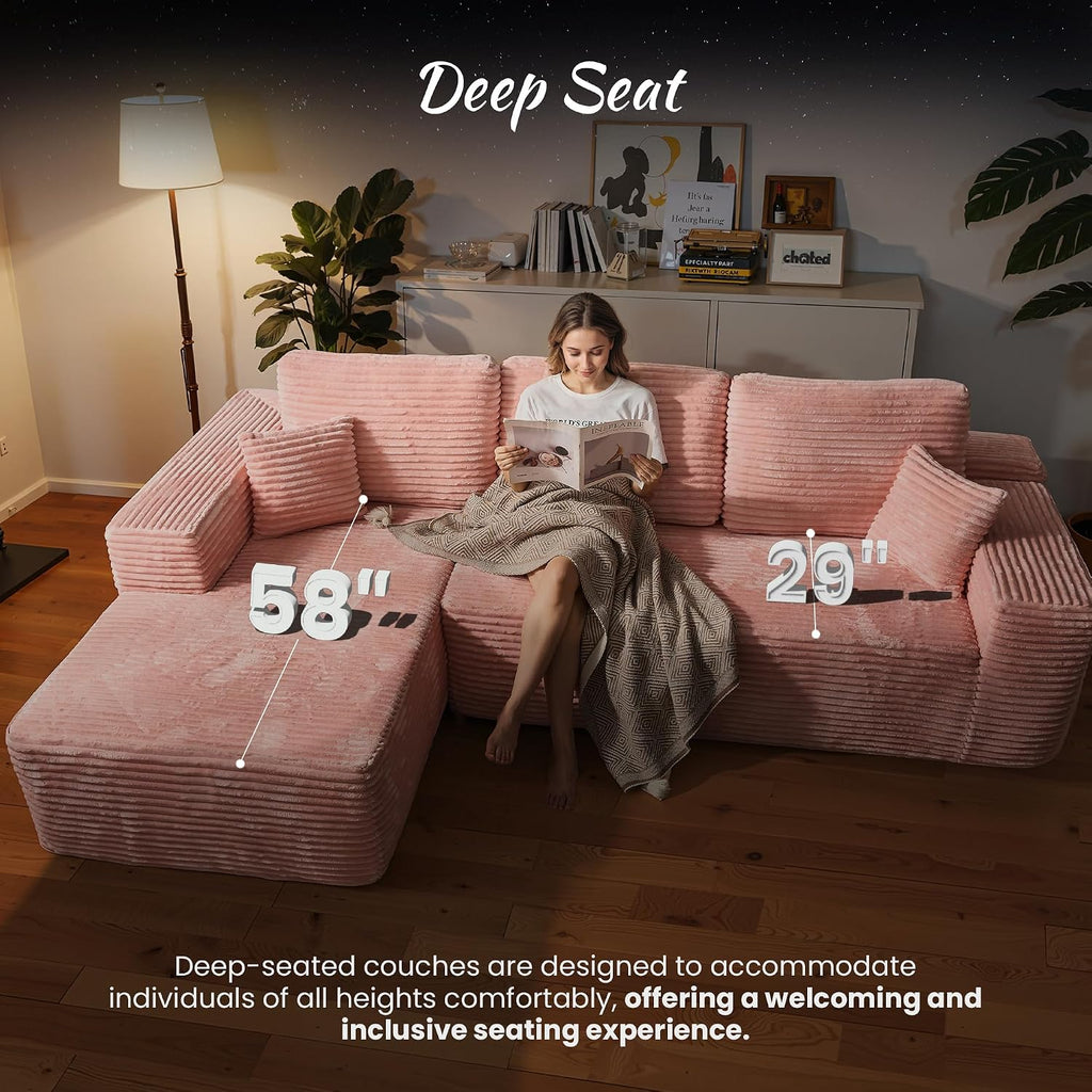 ovios 104" Cloud Boneless Couch with Glitter Fabric, Moudular Sectional Sofa with Deep Seat, No Assembly Required, Modern Minimalist L Shaped Couches with Chaise for Living Room, Pink