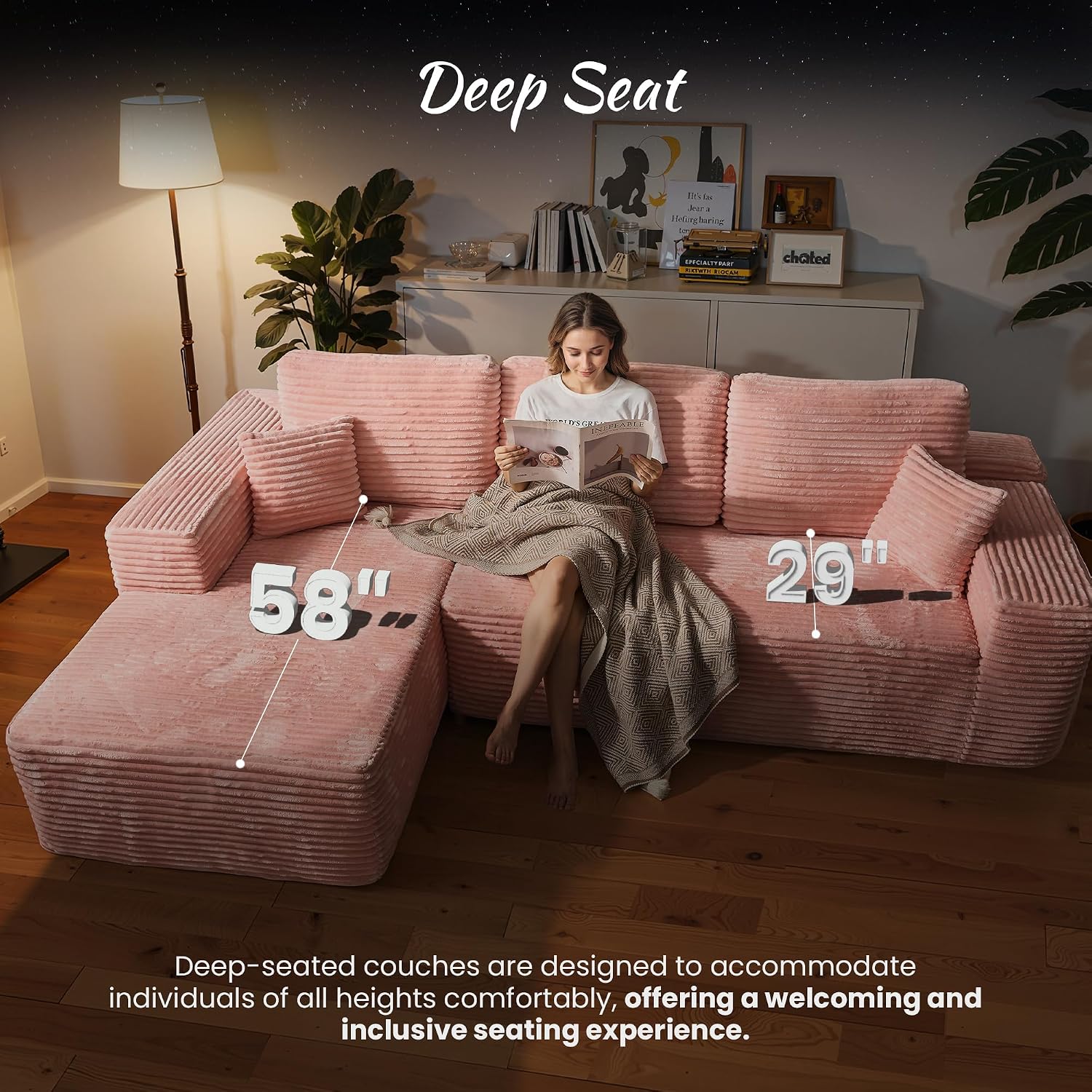 ovios 104" Cloud Boneless Couch with Glitter Fabric, Moudular Sectional Sofa with Deep Seat, No Assembly Required, Modern Minimalist L Shaped Couches with Chaise for Living Room, Pink