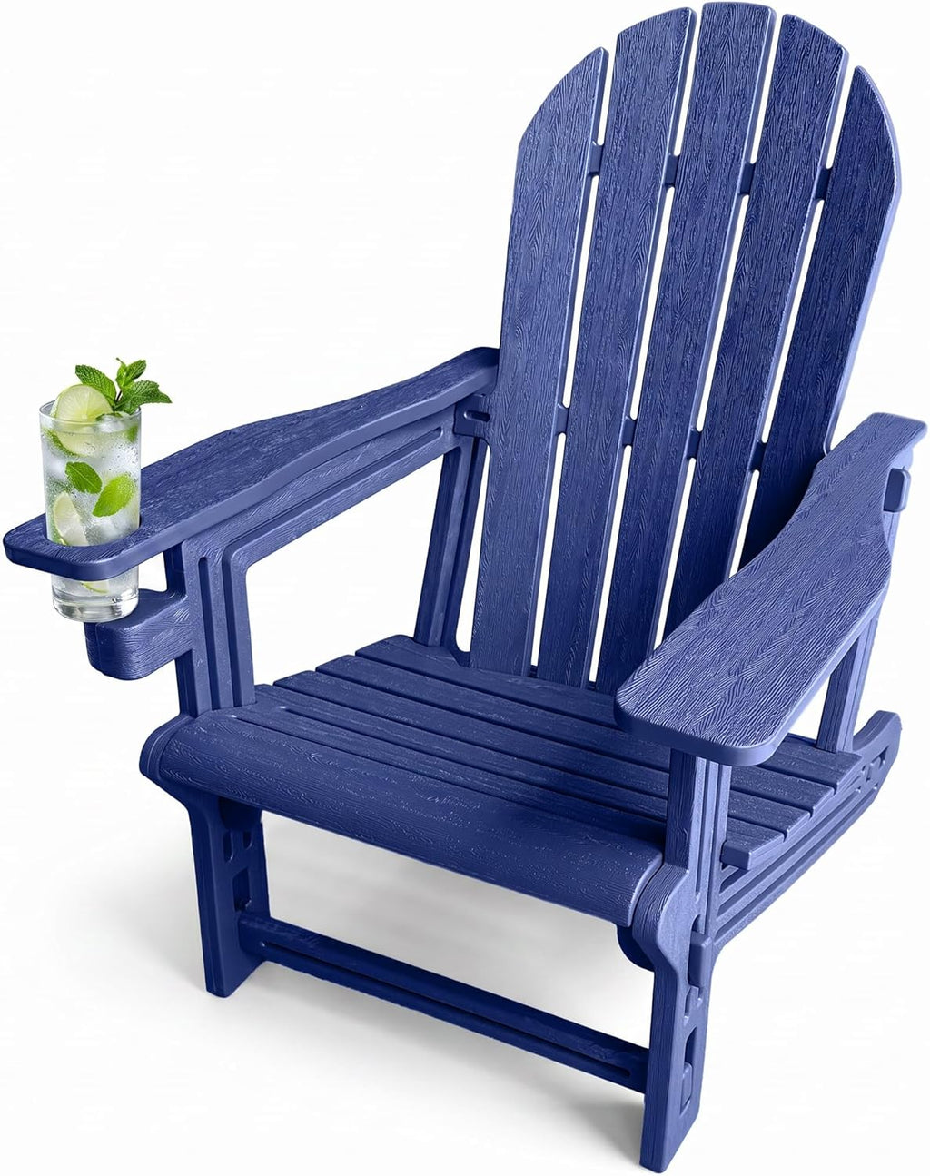 Adirondack Chair with Cup Holder,Tool-Free Assembly,No Screws Needed,All-Weather HDPE Plastic Outdoor Patio Chair,Wood-Grain Slatted Look,Easy to Take Apart for Storage,Fire Pit Chairs（Navy blue）