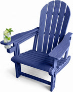 Adirondack Chair with Cup Holder,Tool-Free Assembly,No Screws Needed,All-Weather HDPE Plastic Outdoor Patio Chair,Wood-Grain Slatted Look,Easy to Take Apart for Storage,Fire Pit Chairs（Navy blue）