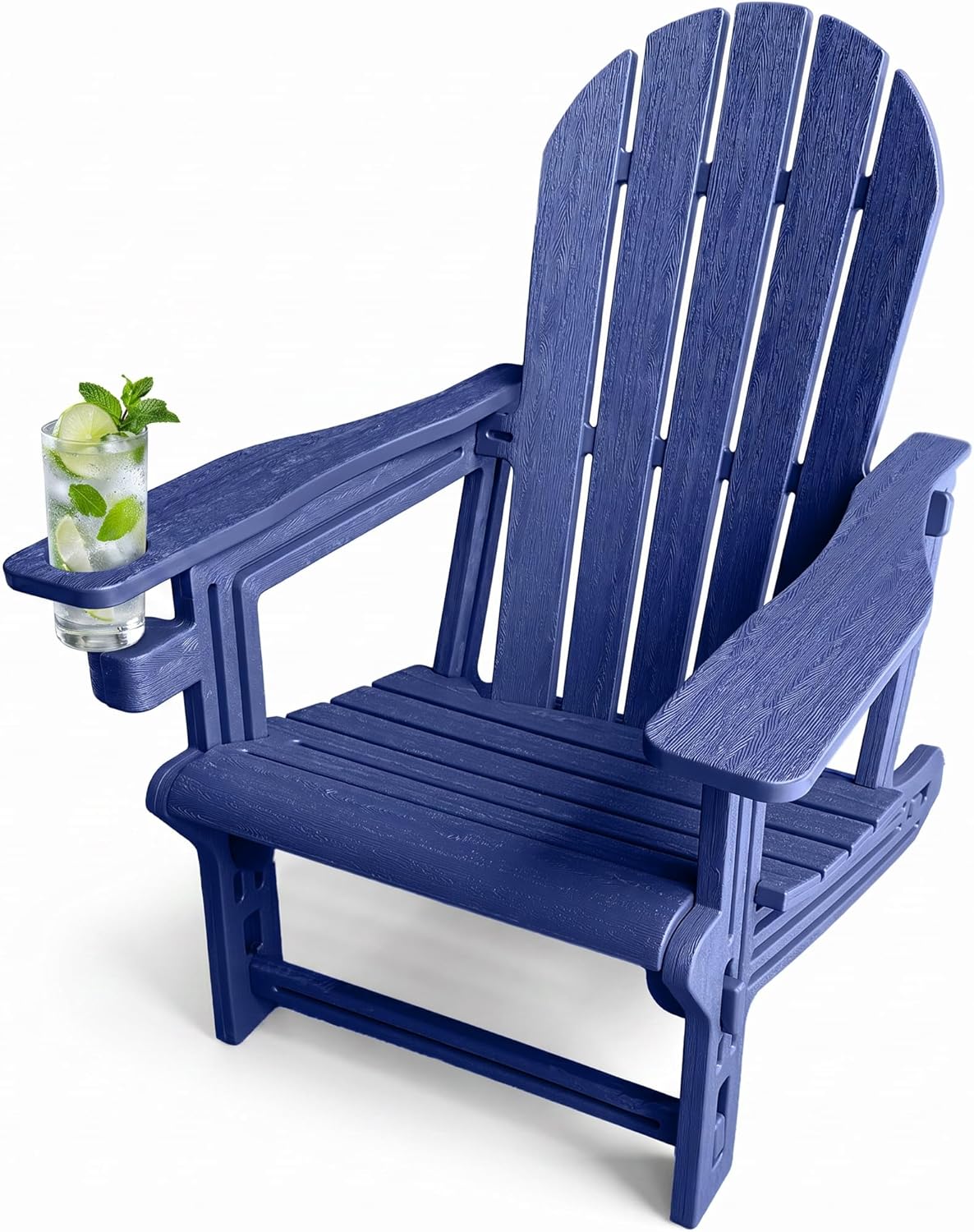 Adirondack Chair with Cup Holder,Tool-Free Assembly,No Screws Needed,All-Weather HDPE Plastic Outdoor Patio Chair,Wood-Grain Slatted Look,Easy to Take Apart for Storage,Fire Pit Chairs（Navy blue）