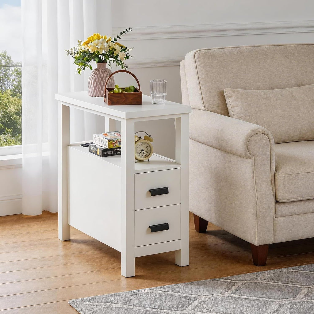 End Table with Charging Station, Narrow Nightstand with 2 Drawers, Side Table with USB Ports & Outlets, Small Bedside Table for Small Spaces, Bedroom, Living Room,Wood, White