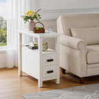 End Table with Charging Station, Narrow Nightstand with 2 Drawers, Side Table with USB Ports & Outlets, Small Bedside Table for Small Spaces, Bedroom, Living Room,Wood, White