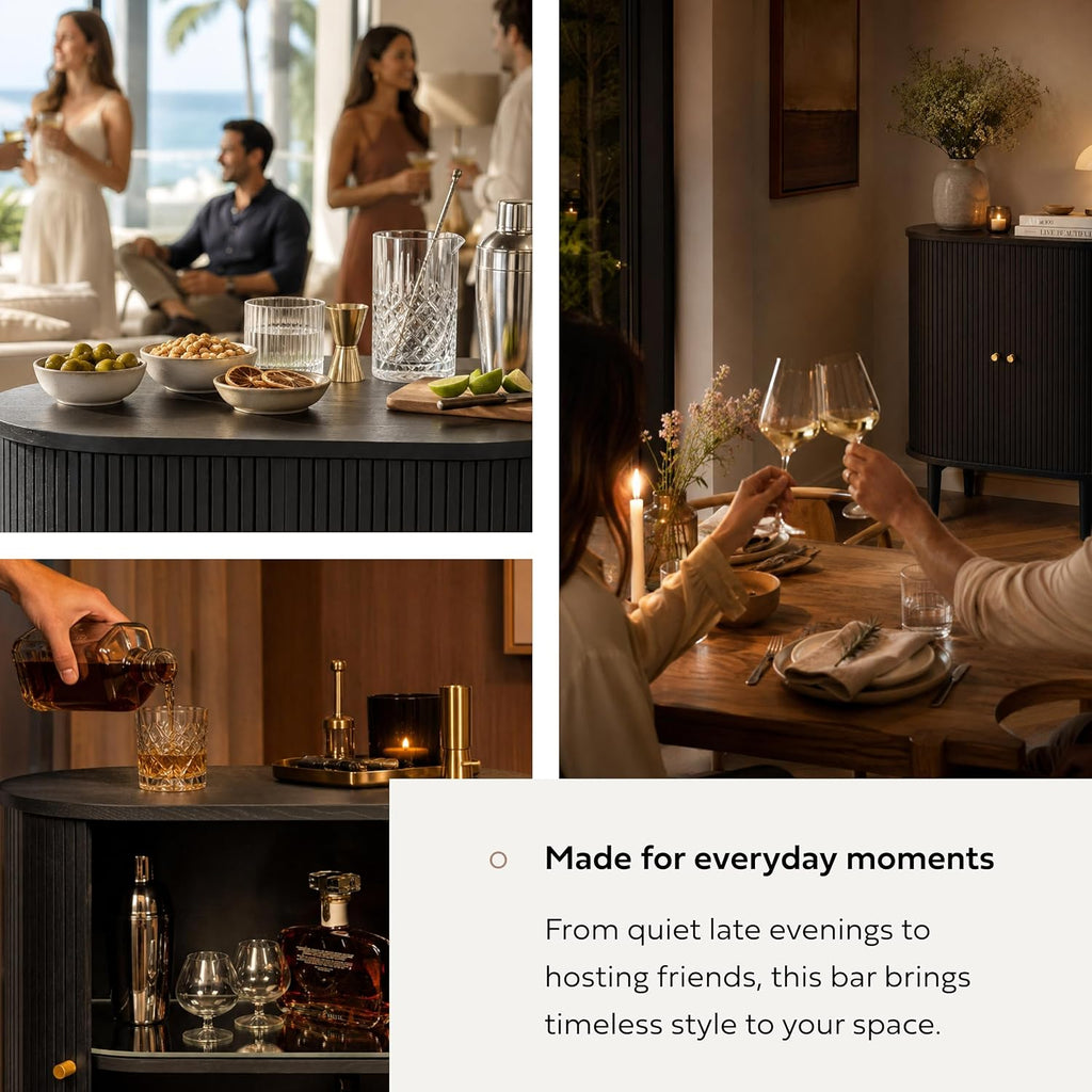 WERMO 28'' Fluted Black Bar Cabinet with Sliding Doors, Hidden Storage and Adjustable Shelf - Modern Liquor Cabinet and Narrow Wine Bar, Small Coffee Station, 28 Inch Wide Sideboard Buffet (Black Oak)