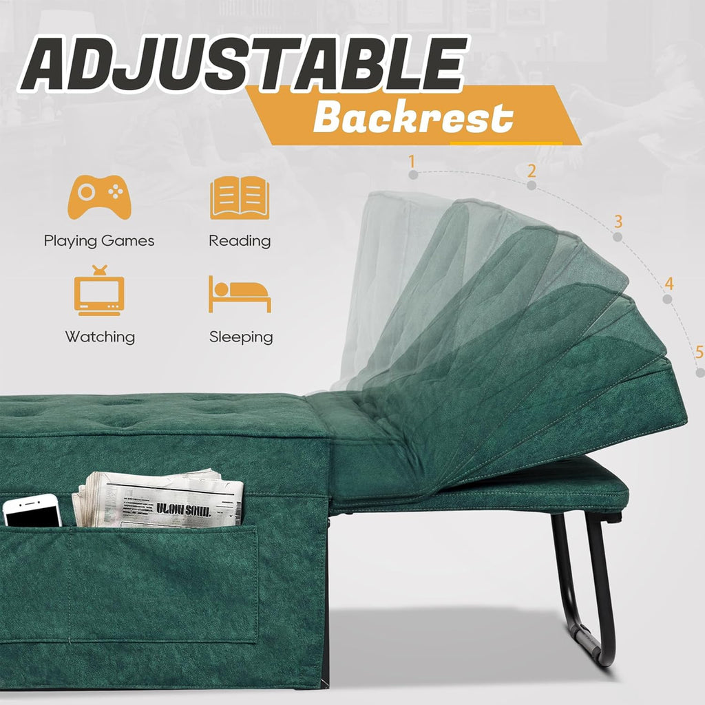 4-in-1 Multi-Functional Convertible Sofa Bed, Foldable Ottoman Sleeper Chaise with Adjustable Backrest, Modern Linen Convertible Futon Sofa Couch for Living Room (Green-28.7''D)