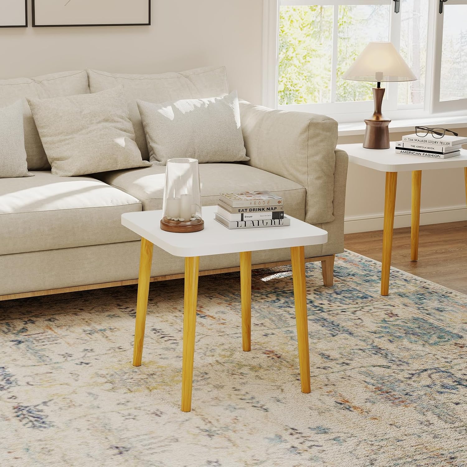 Funecy Square End Table Low Table with 4 Solid Wood Sturdy Legs,Floor Table Desk for Sitting on The Floor,20"(L) x 20"(W) x 20"(H),Living Room/Toy Room Furniture,Rental House Furniture(White)