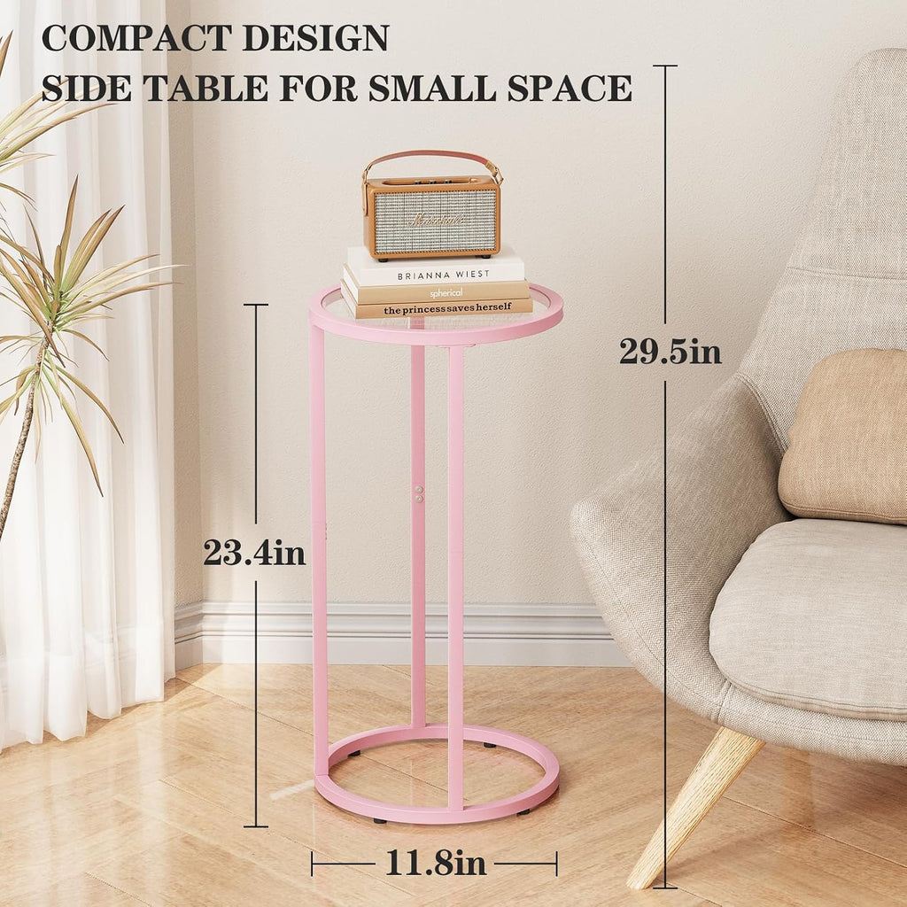 Easy Paws C Table Side End Table, Small Round Couch Sofa Tray Snack Table for Living Room, Bedroom,Accent Coffee Table,TV Tray Table for Small Space, Nightstand with Metal Frame(Pink)