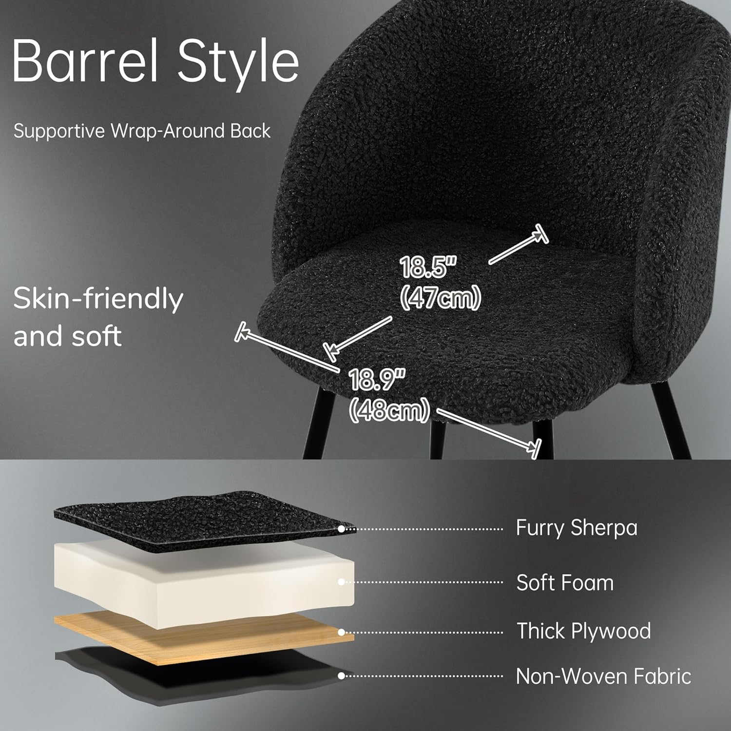 NORDICANA Accent Chairs Set of 2, Fuzzy Sherpa Dining Chairs with Barrel Back, Upholstered Faux Fur Armchairs with Black Metal Leg, Living Room Chairs (Black)