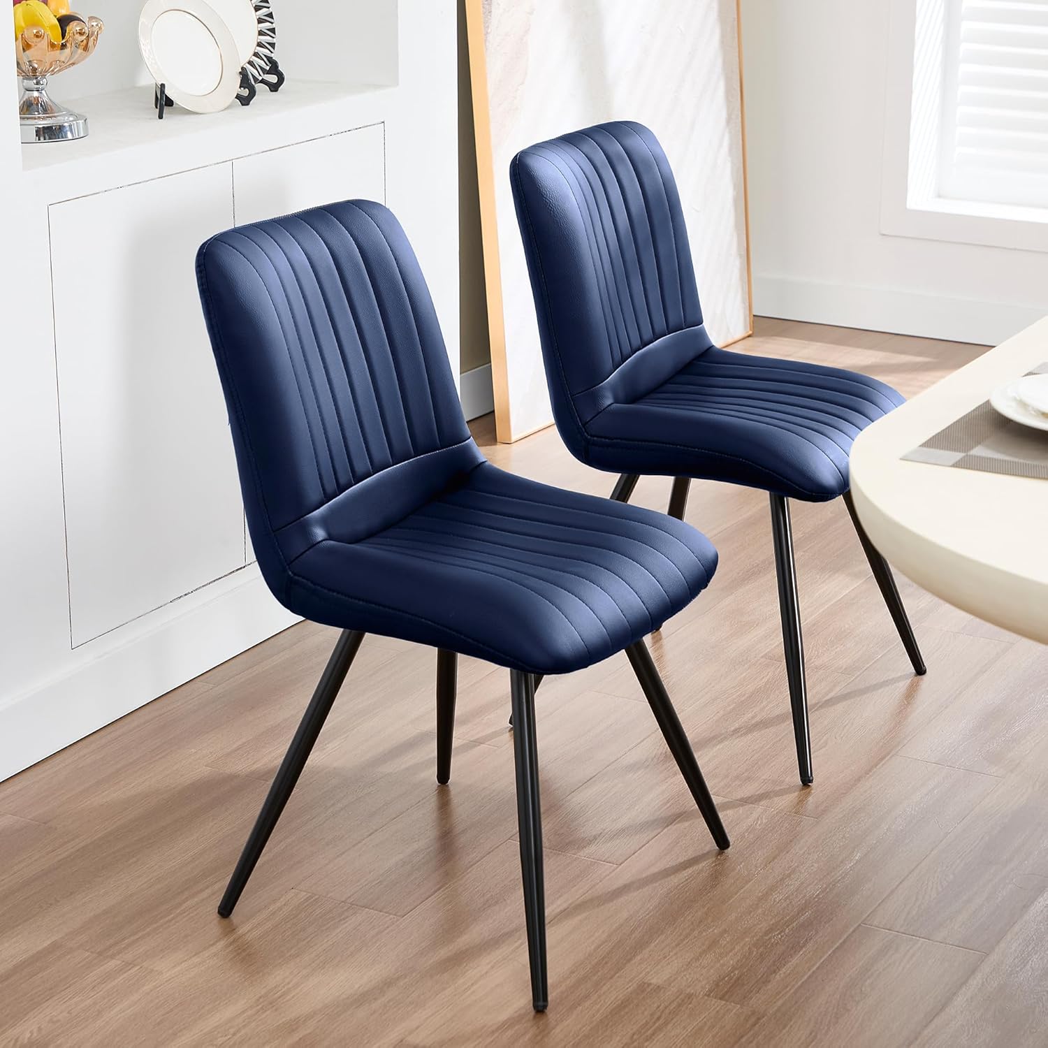 Dining Chairs Set of 2, Modern Dining Chairs with Thick Cushions, Faux Leather Upholstered Kitchen Dining Room Chairs with Metal Legs for Dining Living Room (Navy Blue)