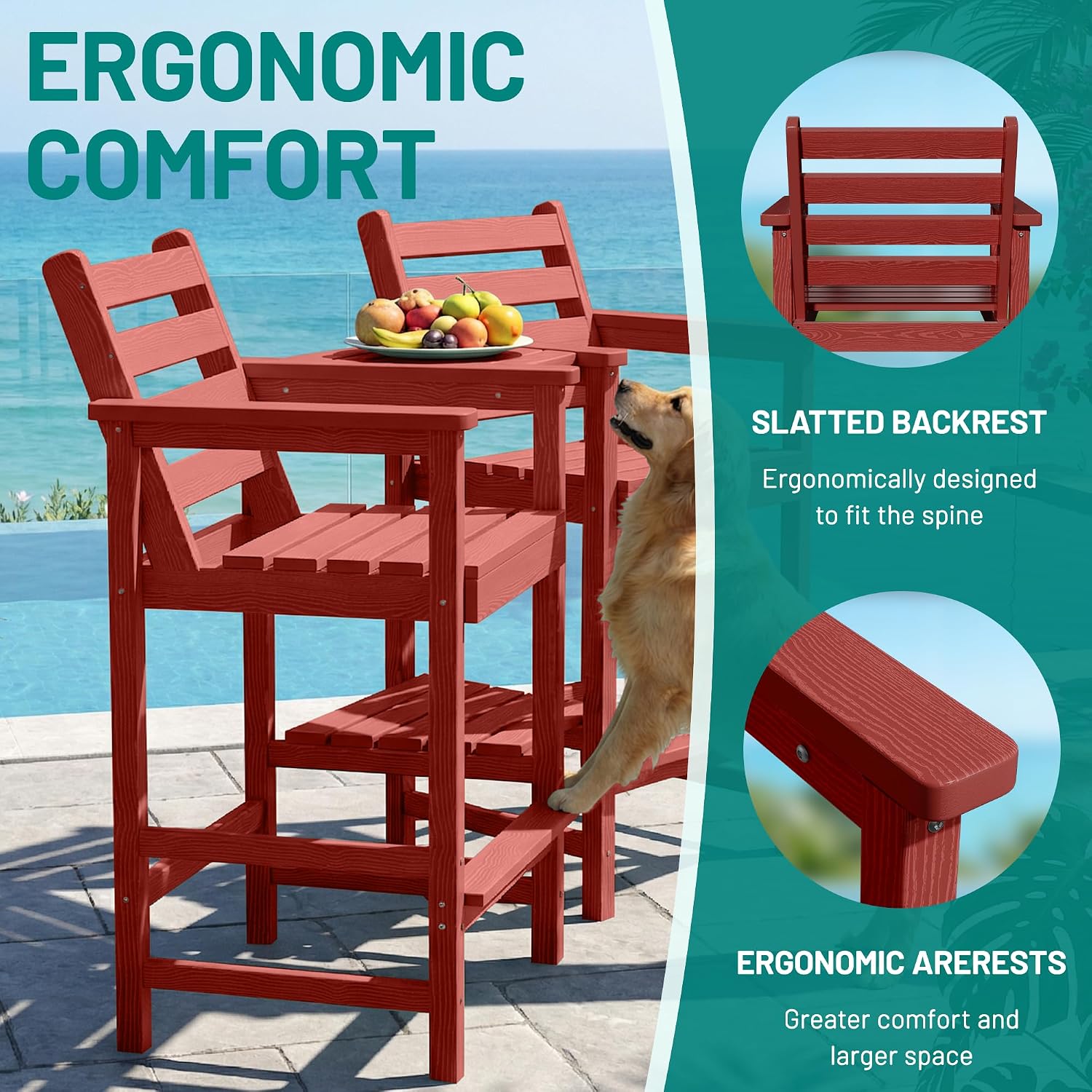 PLUUV Tall Adirondack Chairs Set of 2 with Double Connecting Side Trays, All-Weather HDPE Bar Height Patio Chairs for Balcony & Poolside, 380 LBs Capacity Heavy Duty Outdoor Furniture, Red