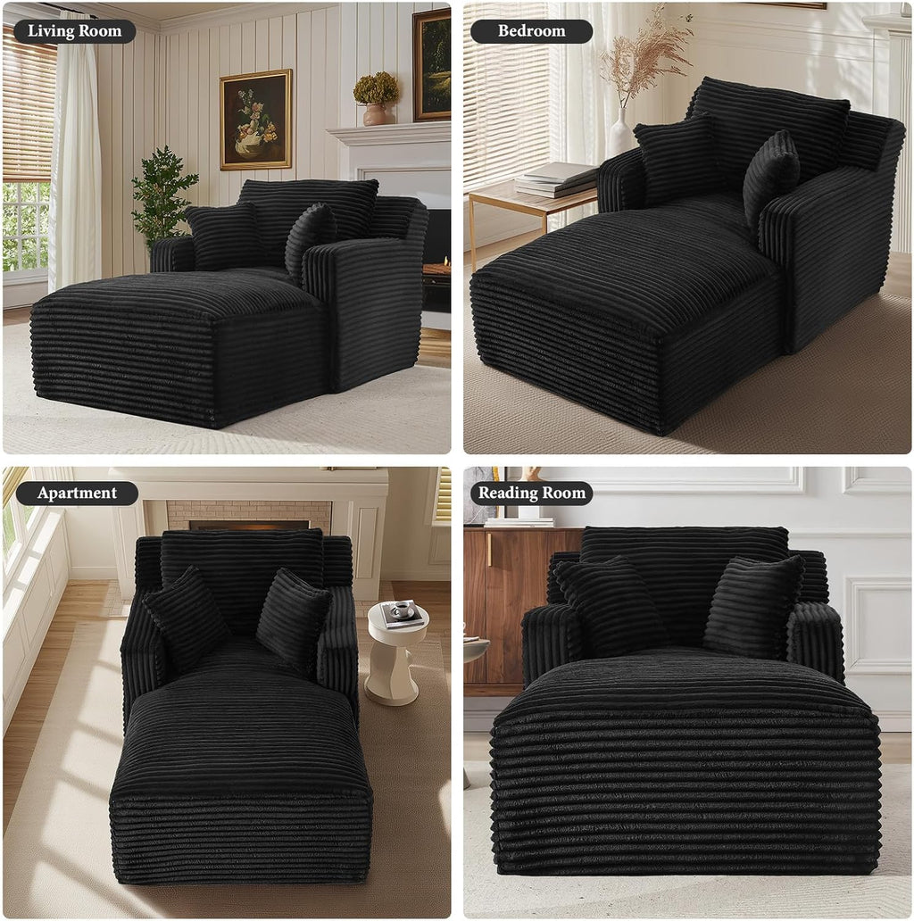 65.4" Chaise Lounge Chair Indoor, Oversized Boneless Couch Comfy Upholstered Sleeper Sofa Bed with 3 Pillows, Corduroy Cloud Reading Chair for Living Room No Assembly Required, Black