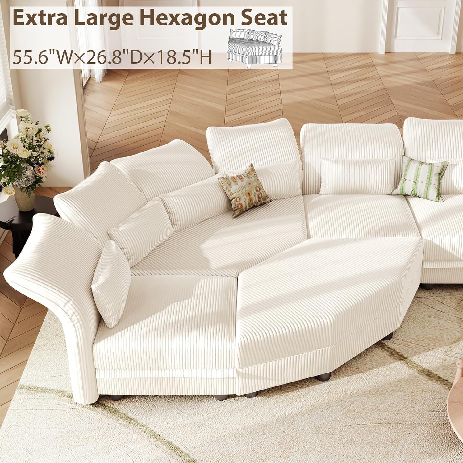 LLappuil Curved Oversized Sectional Couch with Storage & Hexagon Seat, L Shaped Modular Sectional Sofa for Living Room with Adjustable Arms Backs, Thick Plush Cushions, 8 Seater, Beige Corduroy