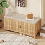 39.4" Shoe Storage Bench with Seating Cushion, Fluted 2-Tier Entryway Bench with 2 Doors & Adjustable Shelves, Shoe Cabinet Bench for Entryway, Bedroom, Hallway, and Living Room
