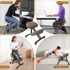 PU Leather Ergonomic Kneeling Chair, Adjustable Home and Office Stool with Thick Pads and Flexible Lockable Brake Wheels for Back Pain Relief（Coffee Brown）