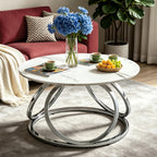 O&K FURNITURE Silver Coffee Table, Round Coffee Table Faux Marble Veins, Modern Center Table with Chrome Finish, for Living Room, Home Office, 1 PC