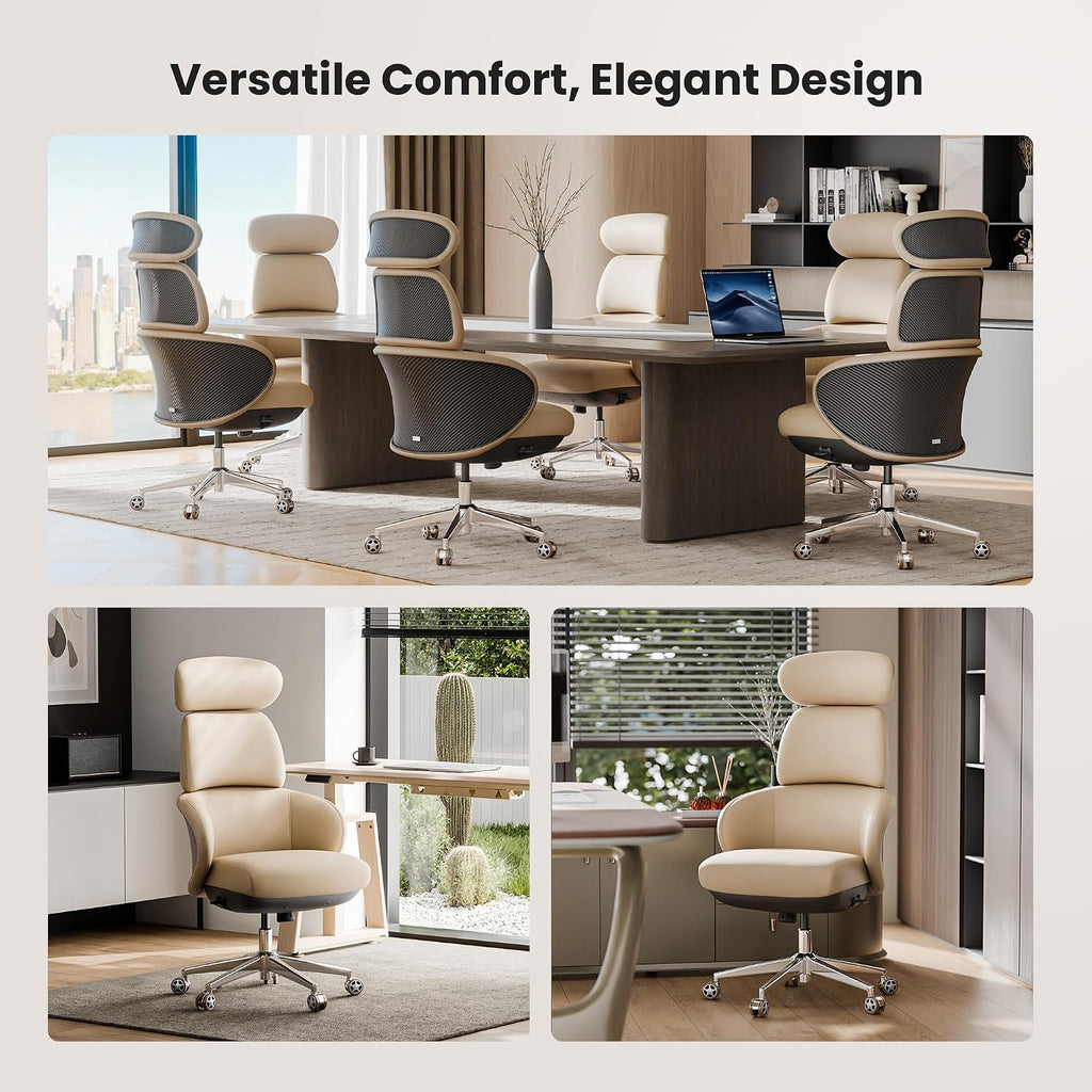 EUREKA ERGONOMIC Royal Rowan Leather Desk Chair, Microfiber PU Leather Office Chair with Wheels and Headrest, High Back Office Chair, Executive Office Chair Comfy for Home & Office, Off-White