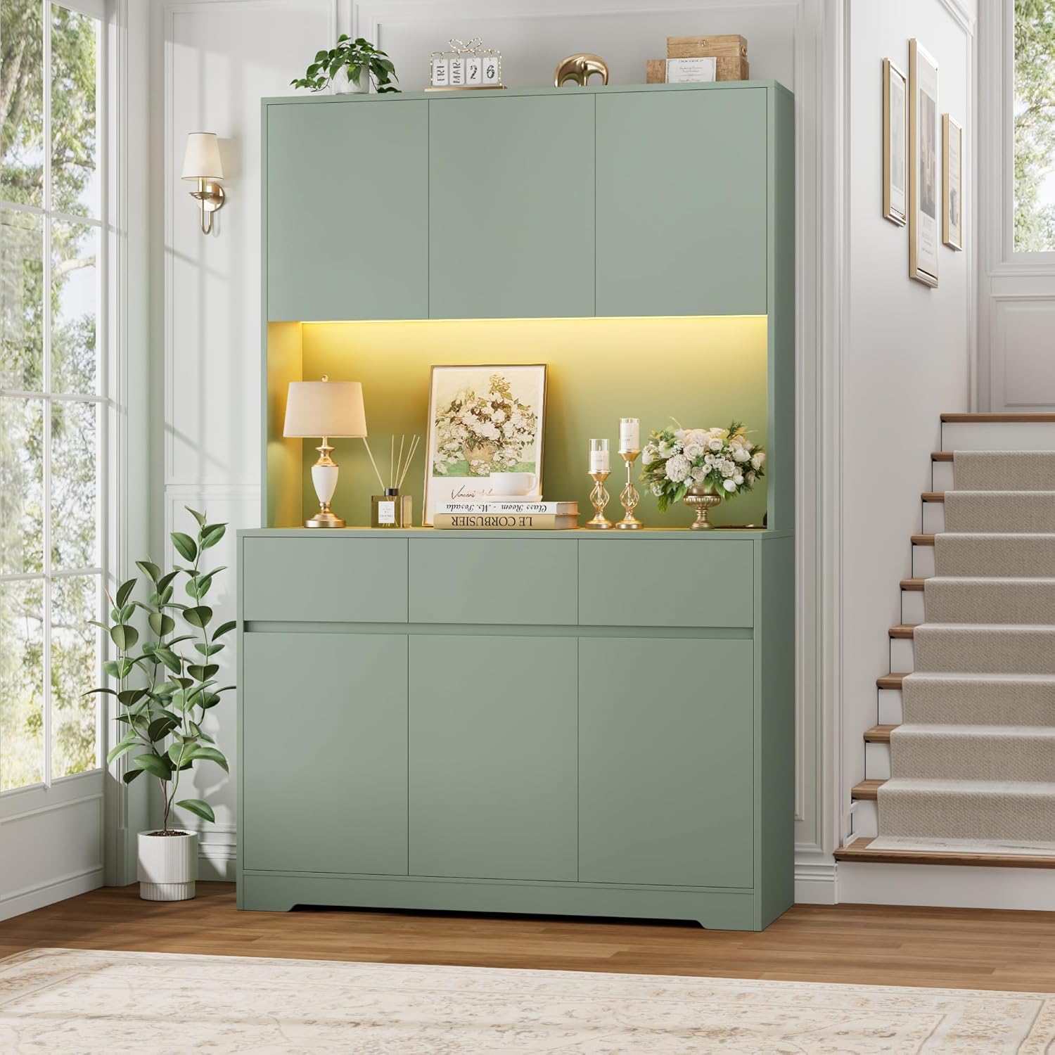FINETONES 71" Pantry Cabinet with Power Outlets and Led Lights, Large Kitchen Hutch Storage with Microwave Stand, Tall Pantry Kitchen Cabinet with Cupboard, Green