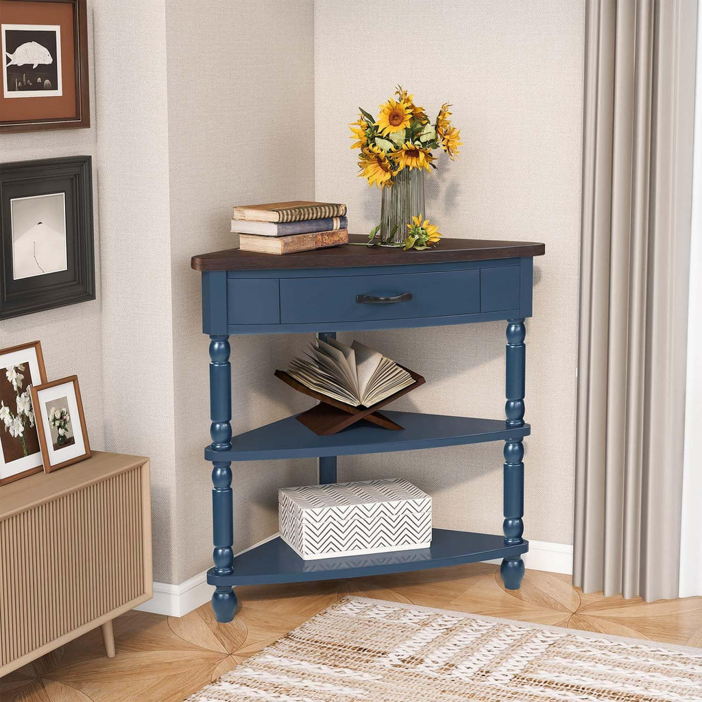 33.8" Navy Blue Triangle Corner Table for Small Spaces, Mini 3 Tier End Table with 1 Storage Drawers & Open Shelves, Vintage Wood Corner Accent Side Tables for Living Room Bedroom (Navy Blue)