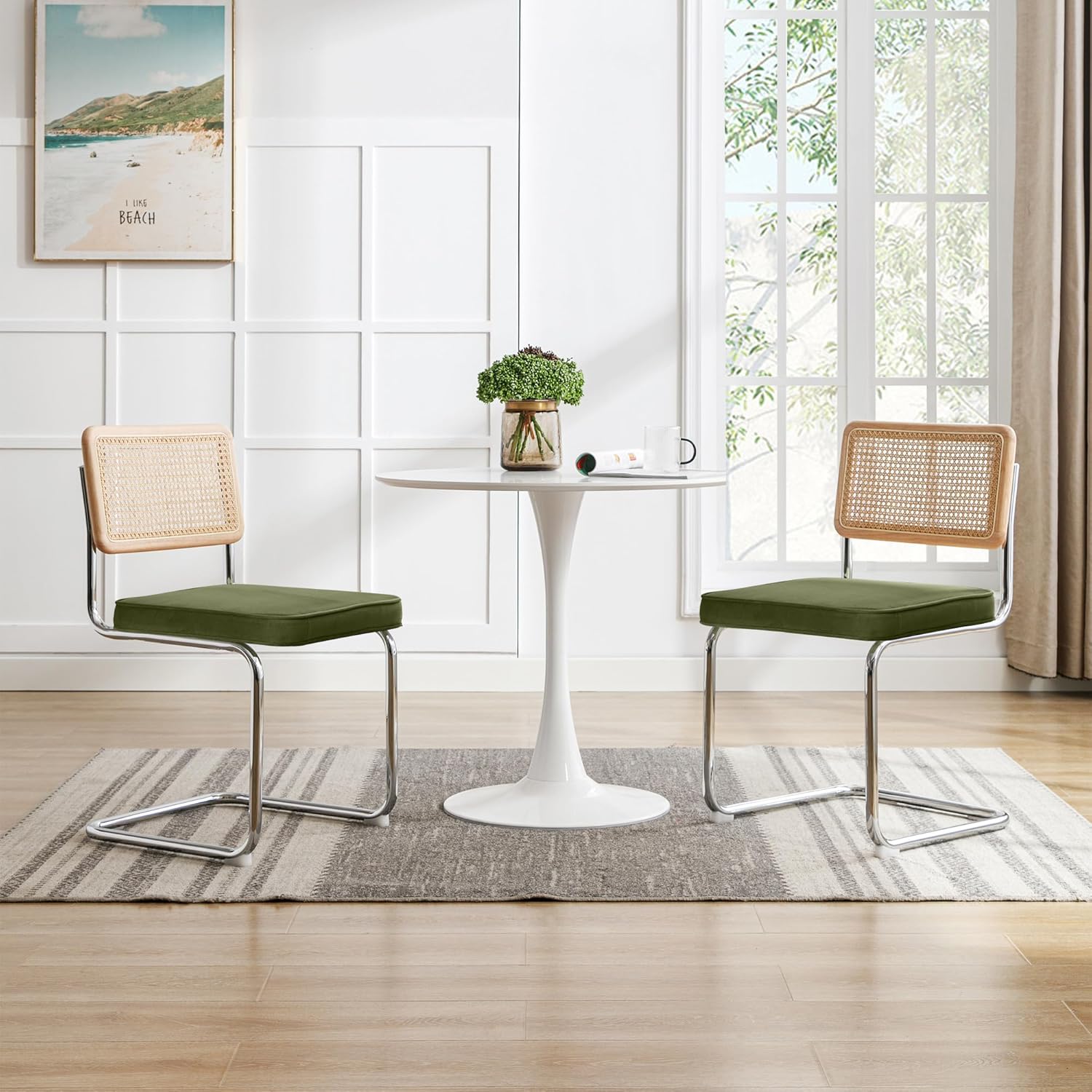 Zesthouse Mid Century Modern Dining Chairs Set of 4, Natural Rattan Dining Chairs with Solid Wood Back & Chrome Base, Upholstered Velvet Fabric, Green