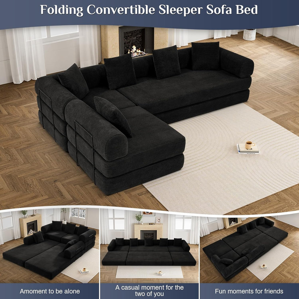 DAMAIFROM Convertible Sleeper Sofa Bed with Cylindrical Pillow,Corduroy Folding Mattress Couch with Fixed-Shape Frame,Modular Floor Sofa Lounge Couch for Living Room Bedroom Lounge,158.6",Black