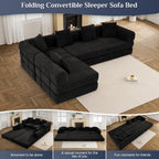 DAMAIFROM Convertible Sleeper Sofa Bed with Cylindrical Pillow,Corduroy Folding Mattress Couch with Fixed-Shape Frame,Modular Floor Sofa Lounge Couch for Living Room Bedroom Lounge,158.6",Black
