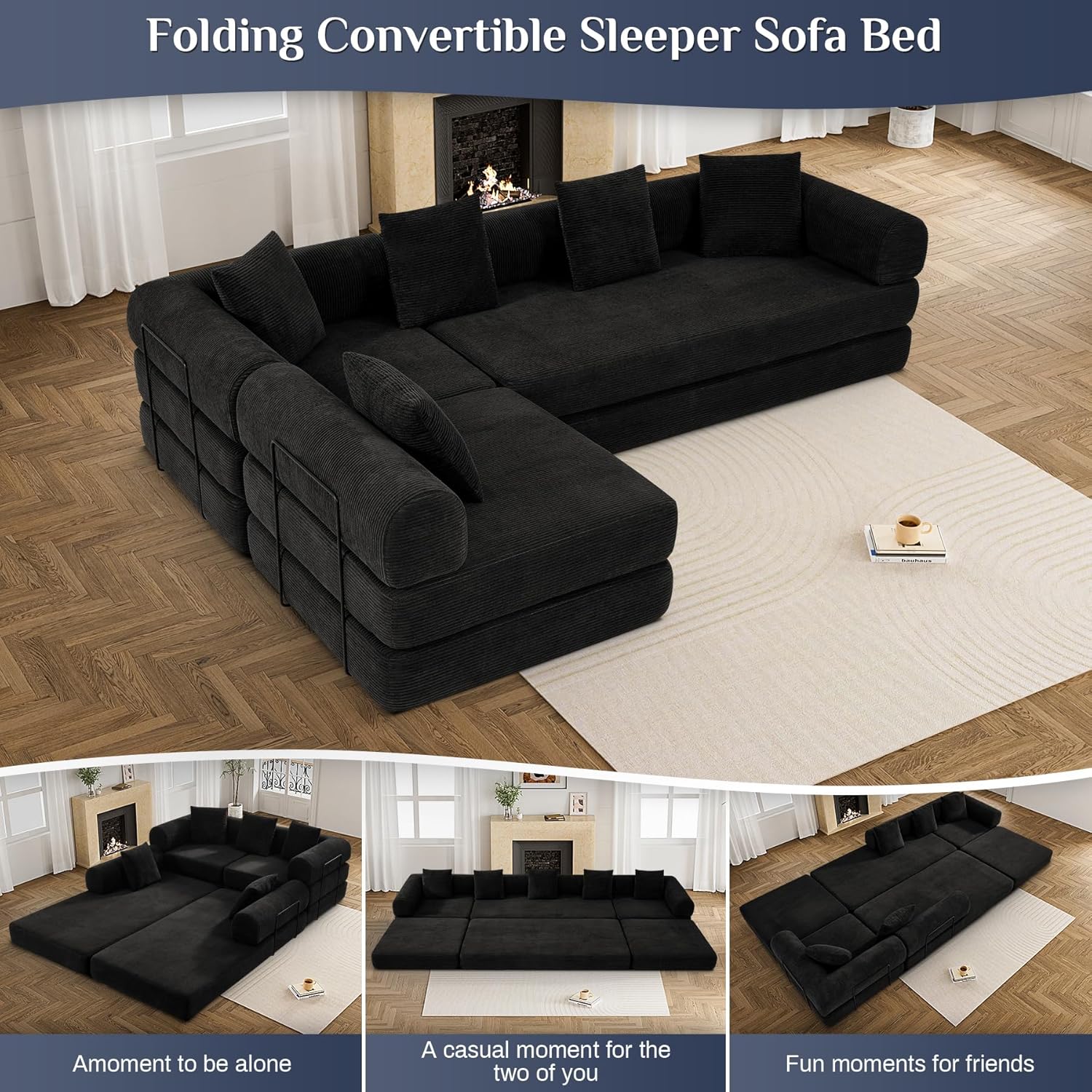 DAMAIFROM Convertible Sleeper Sofa Bed with Cylindrical Pillow,Corduroy Folding Mattress Couch with Fixed-Shape Frame,Modular Floor Sofa Lounge Couch for Living Room Bedroom Lounge,158.6",Black