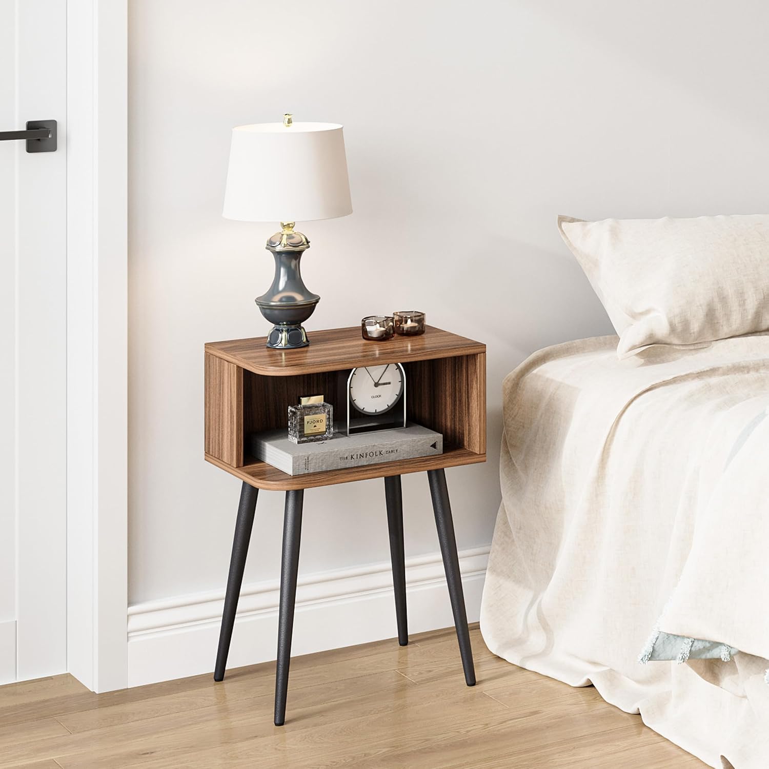 Nightstand Set of 2, Small Bed Side Table for Small Spaces, Mid Century Modern Nightstand End Table with Open Storage, Side Table for Bedroom Living Room, Walnut Brown MLBZ20R-2