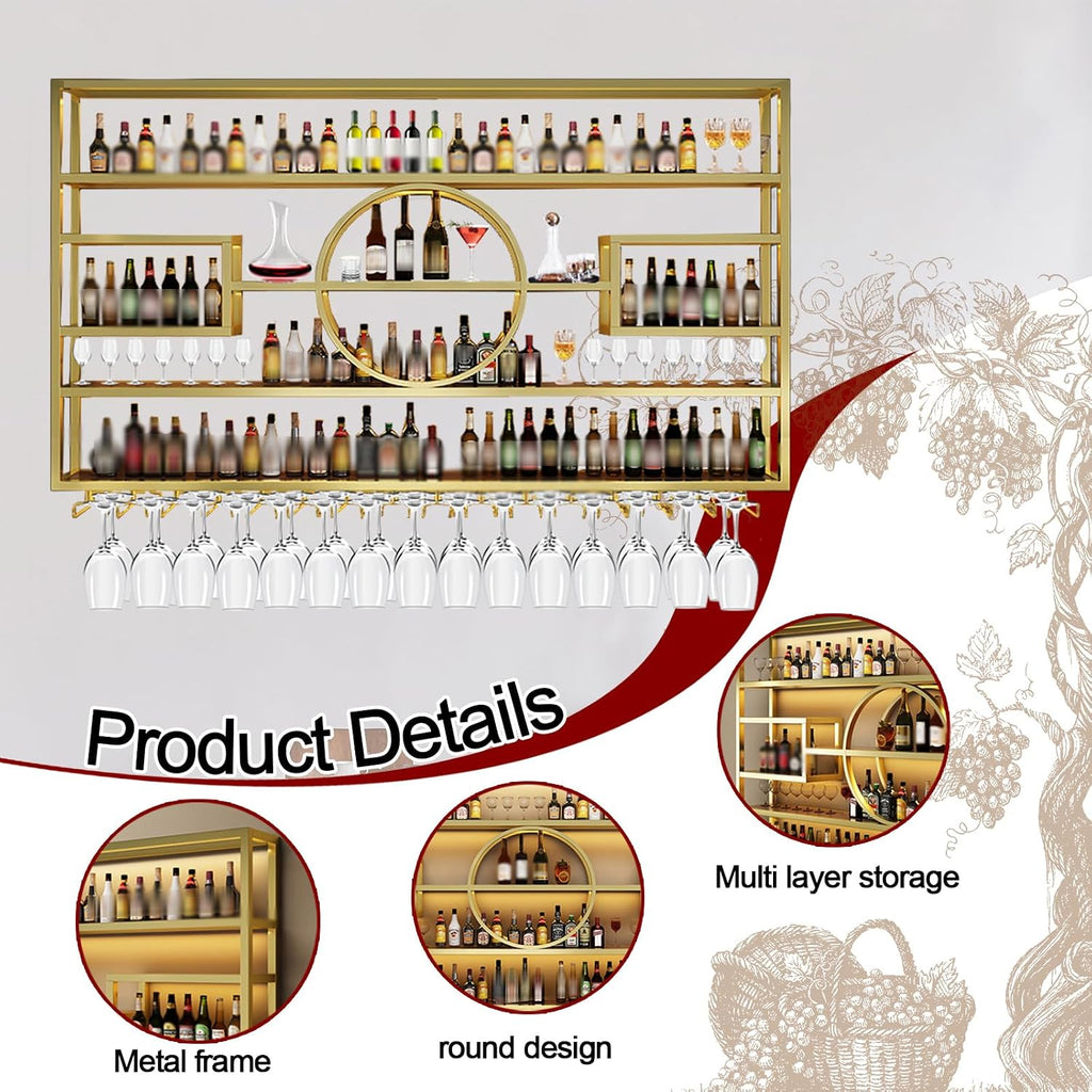 126in Wine Rack Wall Mounted, Large Capacity Hanging Wine Bottles Display Shelf with Glasses Holder, 4 Tier Industrial Bar Liquor Storage Shelves for Home Bar Kitchen,Living Room (Black, 126in)