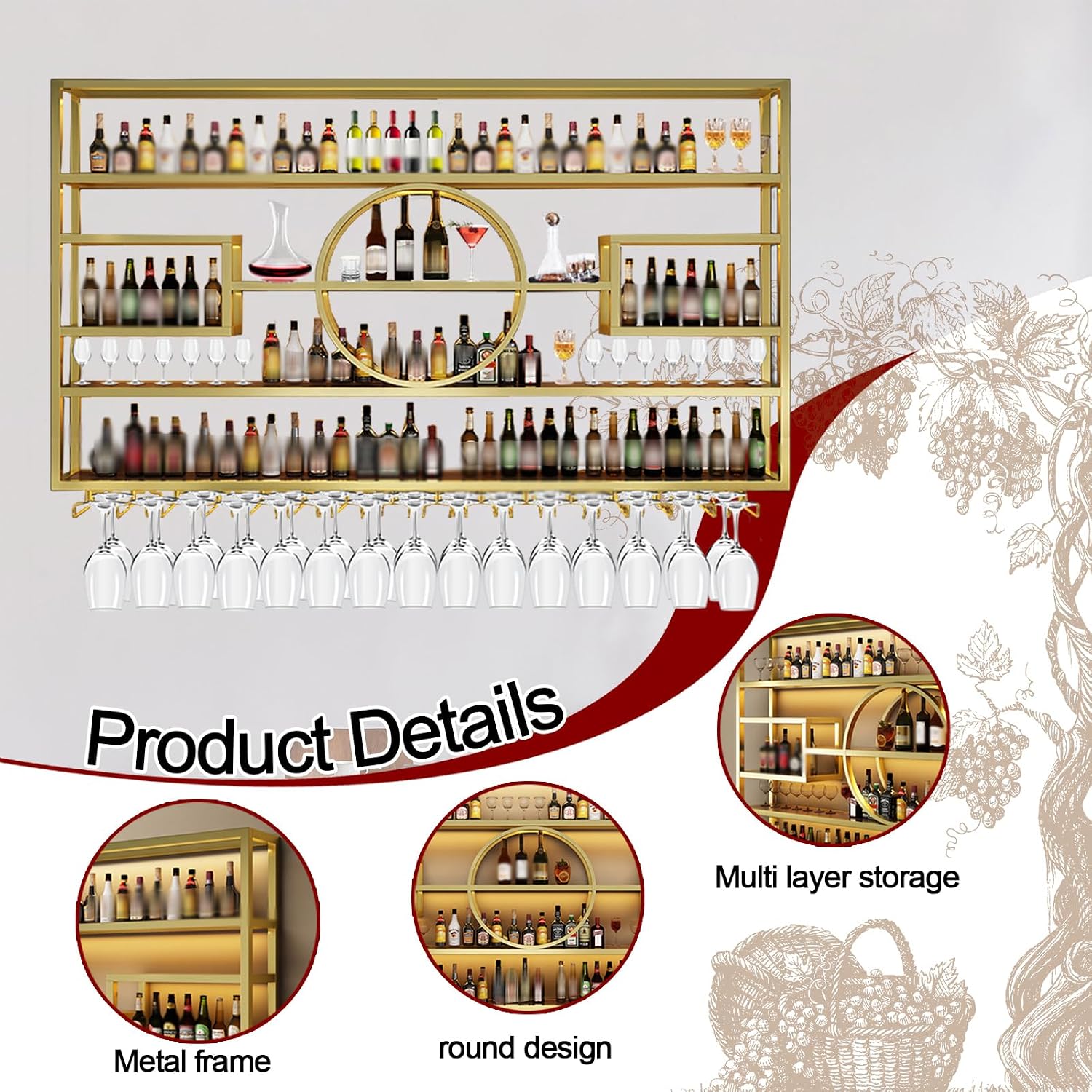 126in Wine Rack Wall Mounted, Large Capacity Hanging Wine Bottles Display Shelf with Glasses Holder, 4 Tier Industrial Bar Liquor Storage Shelves for Home Bar Kitchen,Living Room (Black, 126in)