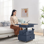 Adjustable Height Lift-Top End Table with Charging Station, High-Gloss Lacquered Finish, Rolling Side Table with Lockable Wheels & Storage Drawers, for Living Room Bedroom, Blue