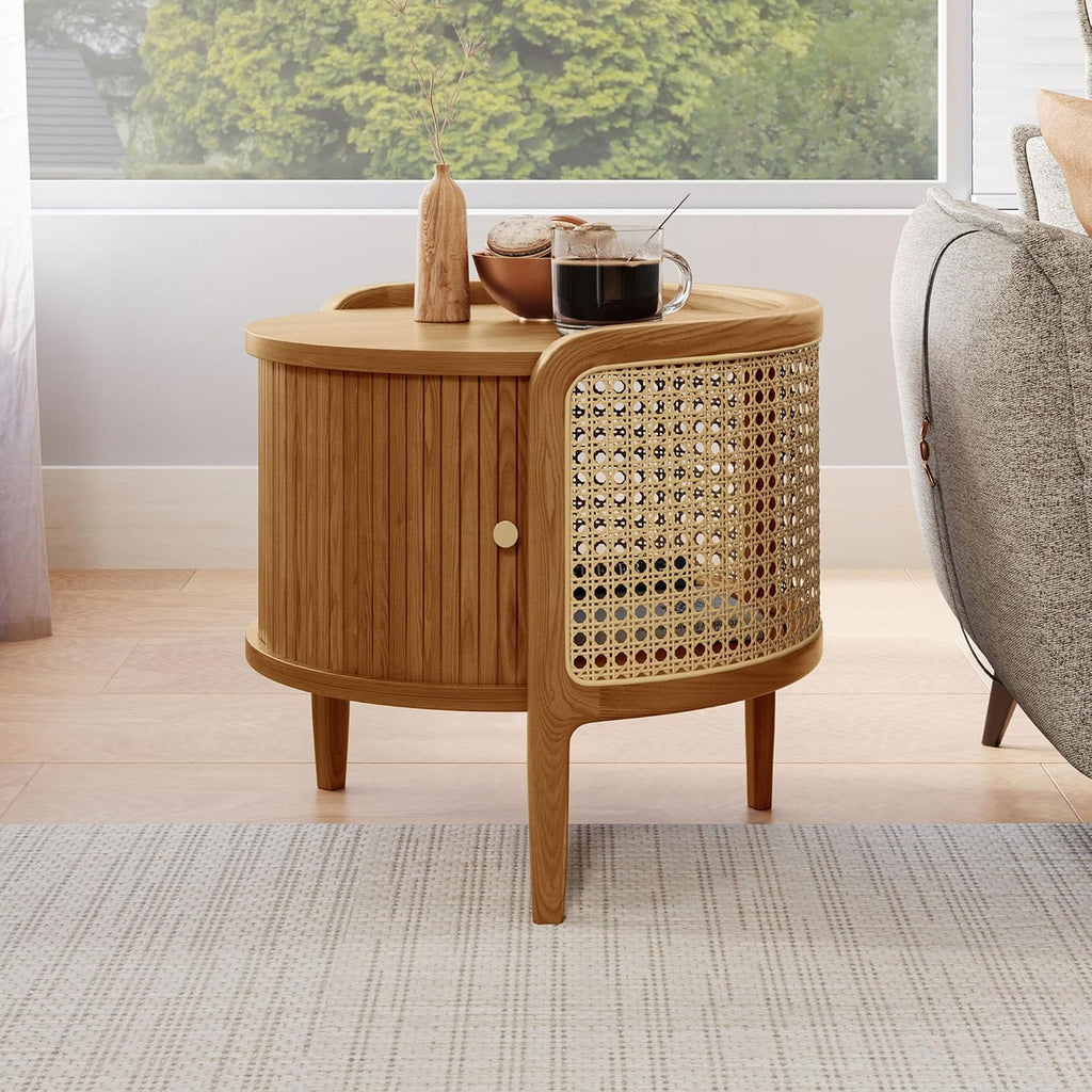 POVISON Rattan Side Table, Table with Roller Door & Woven Rattan, 19.69" Round End Table with Storage, Nightstand Beside Table Drink Table Sofa Table for Home,Walunt