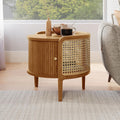 POVISON Rattan Side Table, Table with Roller Door & Woven Rattan, 19.69" Round End Table with Storage, Nightstand Beside Table Drink Table Sofa Table for Home,Walunt